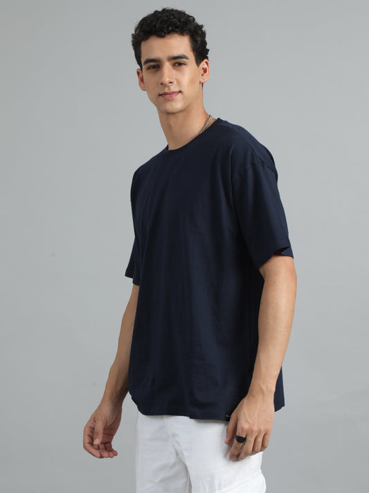 Men's Navy Blue Solid Oversized T-Shirt