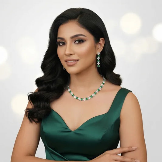 Emerald Green And White Stone Floral Necklace And Earrings Set For Women