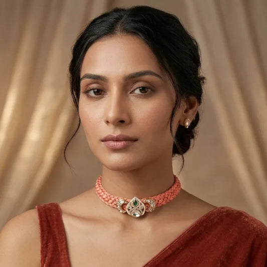 Peach Beaded Kundan Choker Necklace Set For Women