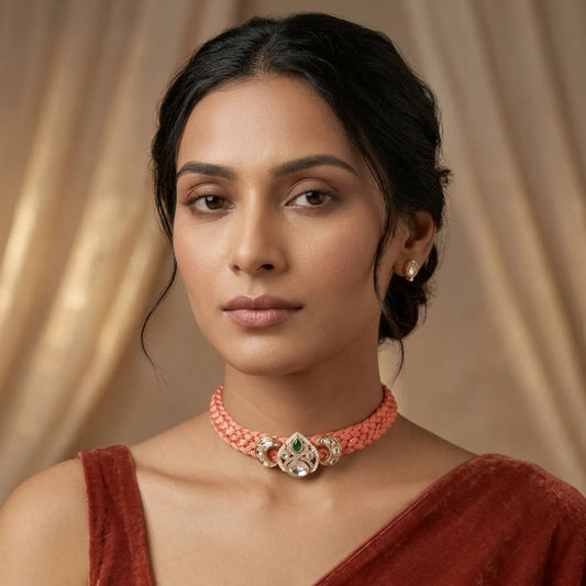 Peach Beaded Kundan Choker Necklace Set For Women