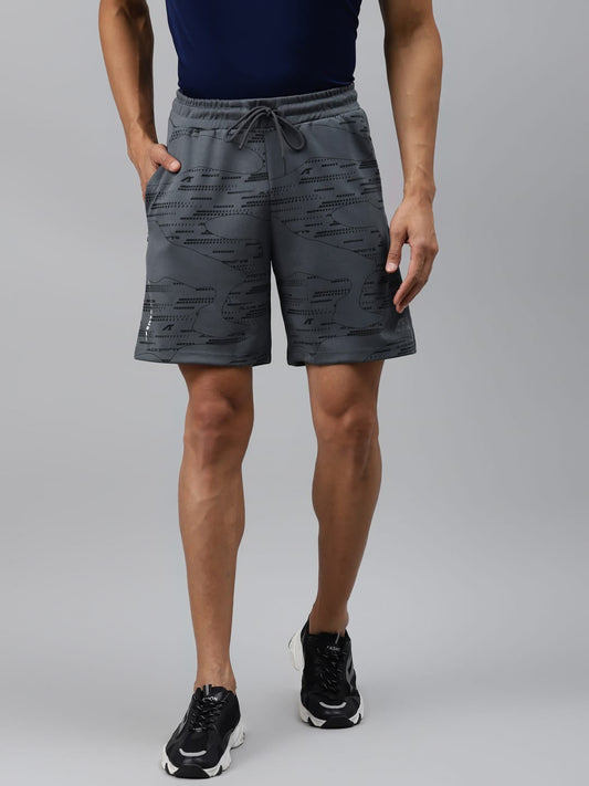 Alcis Men Grey  Black Geometric Printed Slim Fit Sports Shorts