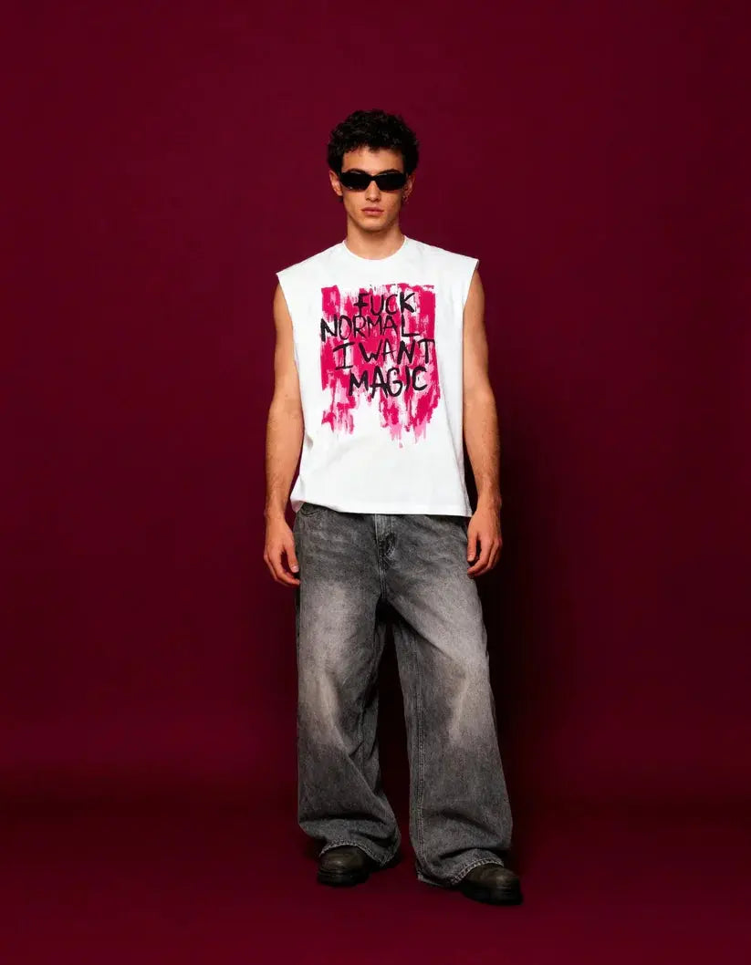 Person wearing a sleeveless shirt with text and graphics on a red background