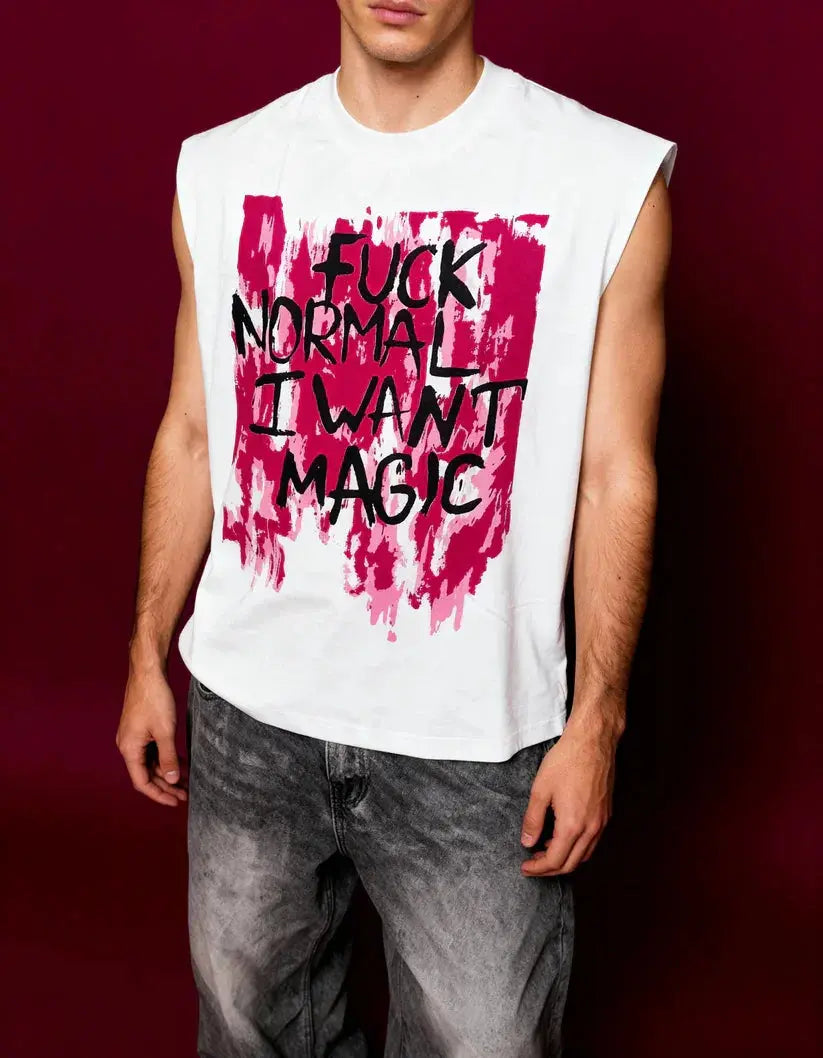 Person wearing a sleeveless shirt with text and red design on a dark background
