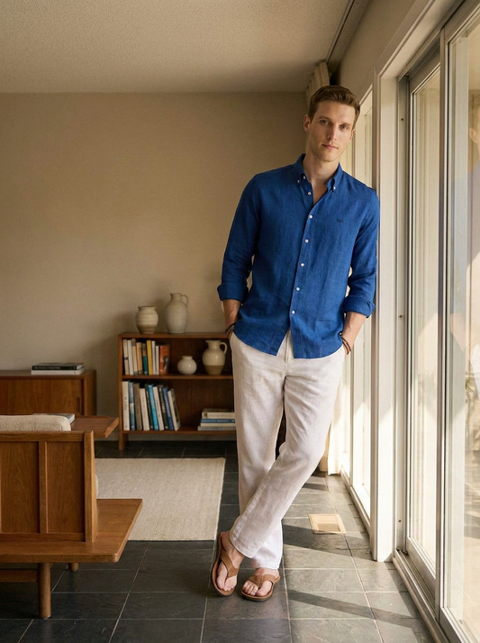 Regular Fit Royal Blue Linen Solid Casual Shirt for Men (LITIX)