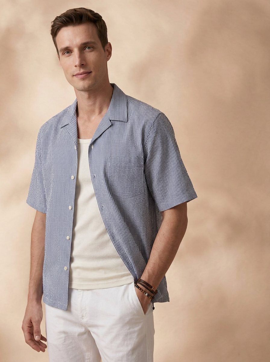 Relaxed Fit Navy Blue Cotton Stripes Casual Shirt for Men (DROCK)
