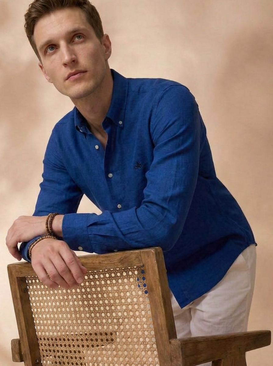 Regular Fit Royal Blue Linen Solid Casual Shirt for Men (LITIX)