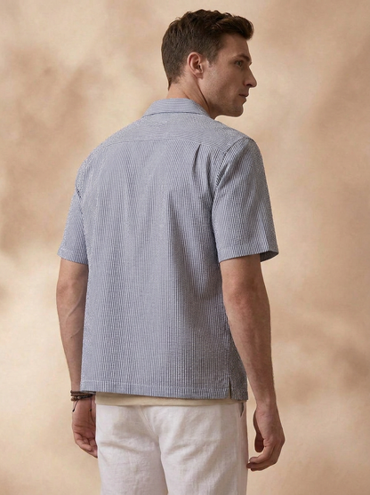 Relaxed Fit Navy Blue Cotton Stripes Casual Shirt for Men (DROCK)