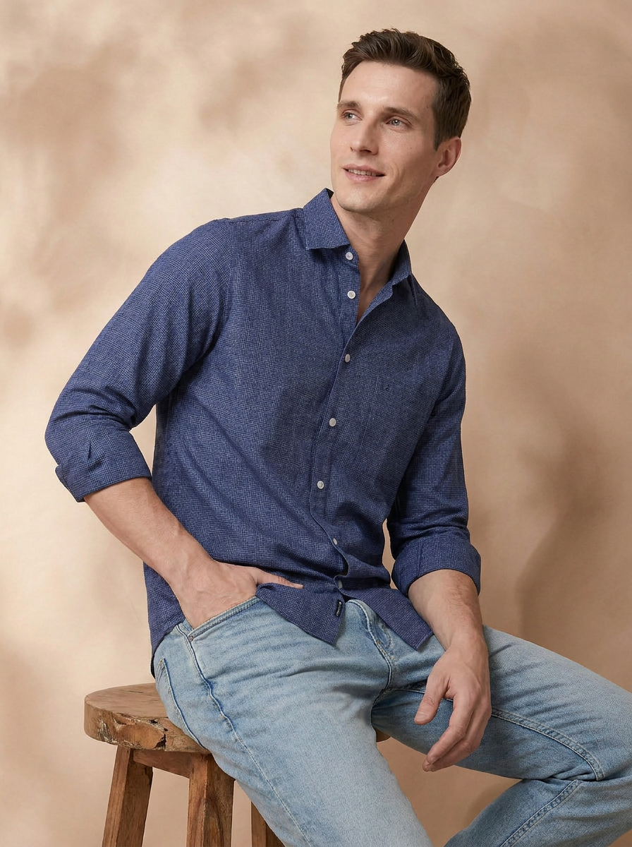 Regular Fit Navy Blue Cotton Checked Casual Shirt for Men (CARIE)