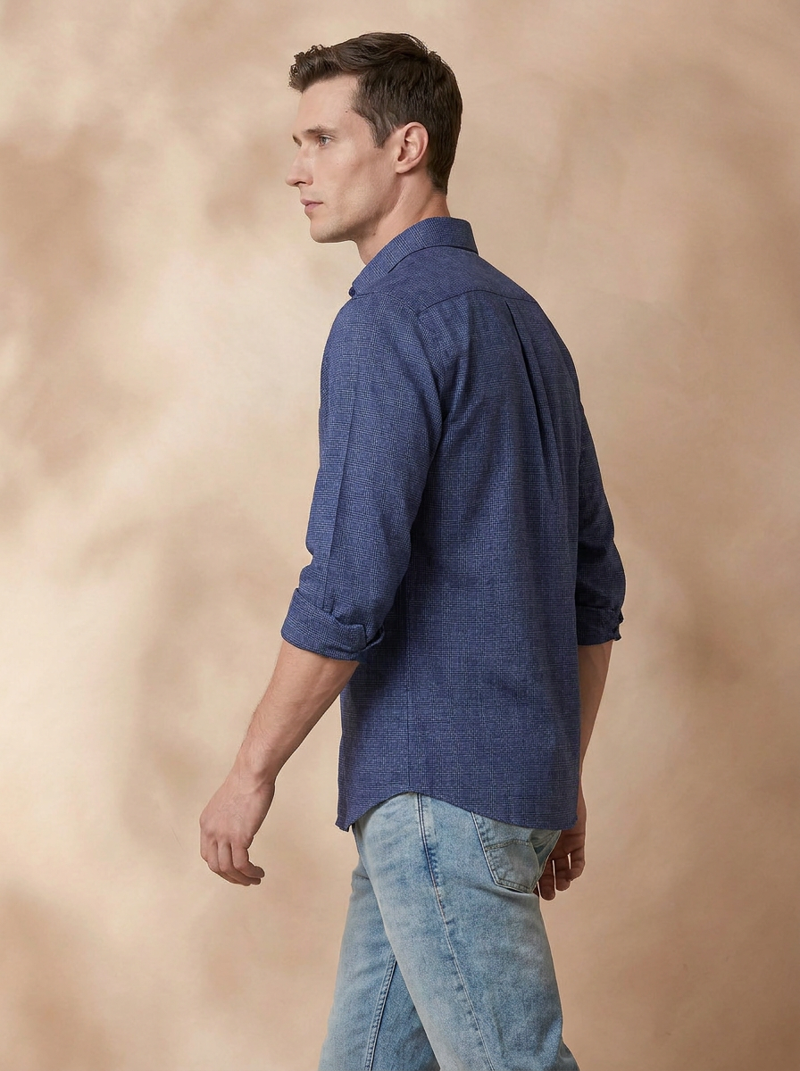 Regular Fit Navy Blue Cotton Checked Casual Shirt for Men (CARIE)