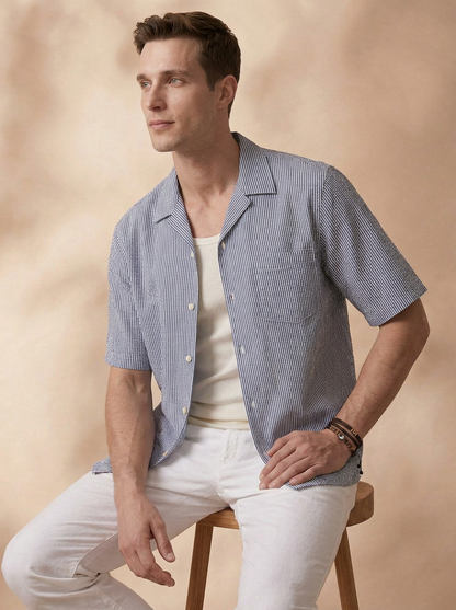 Relaxed Fit Navy Blue Cotton Stripes Casual Shirt for Men (DROCK)