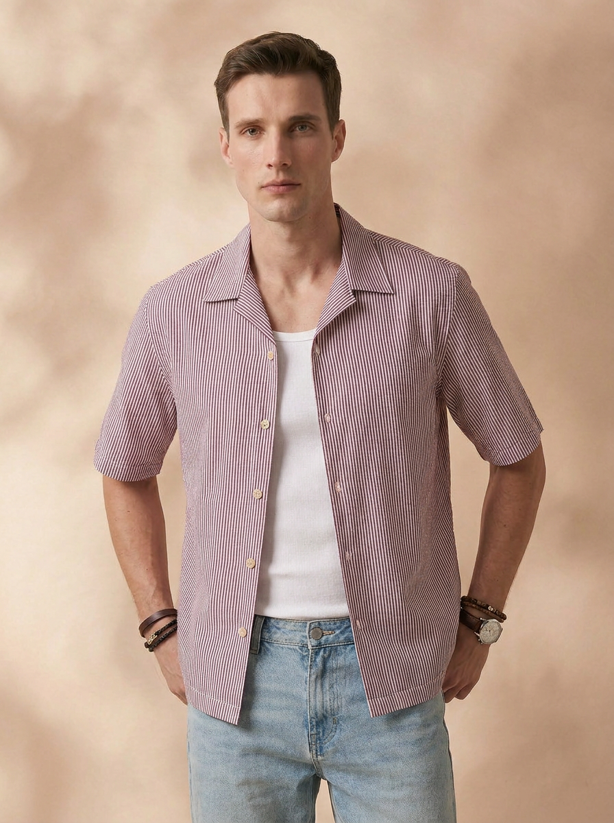Relaxed Fit Maroon Cotton Stripes Casual Shirt for Men (DURGE)