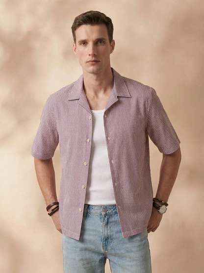 Relaxed Fit Maroon Cotton Stripes Casual Shirt for Men (DURGE)