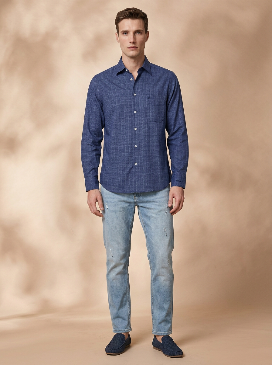 Regular Fit Navy Blue Cotton Checked Casual Shirt for Men (CARIE)