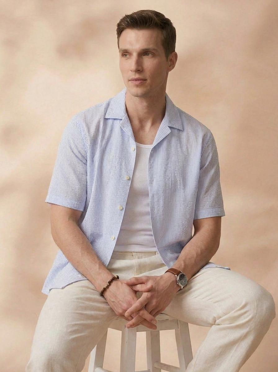 Relaxed Fit Blue Cotton Stripes CasualShirt for Men(DOLCE)