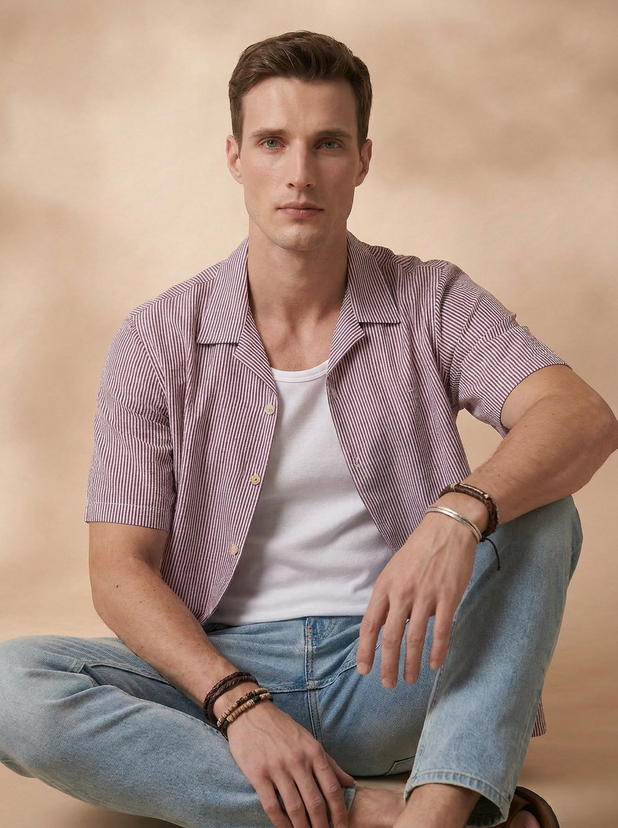 Relaxed Fit Maroon Cotton Stripes Casual Shirt for Men (DURGE)
