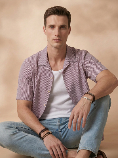 Relaxed Fit Maroon Cotton Stripes Casual Shirt for Men (DURGE)