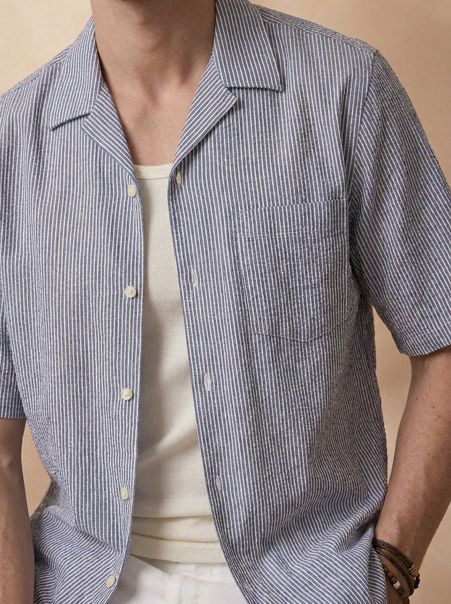 Relaxed Fit Navy Blue Cotton Stripes Casual Shirt for Men (DROCK)
