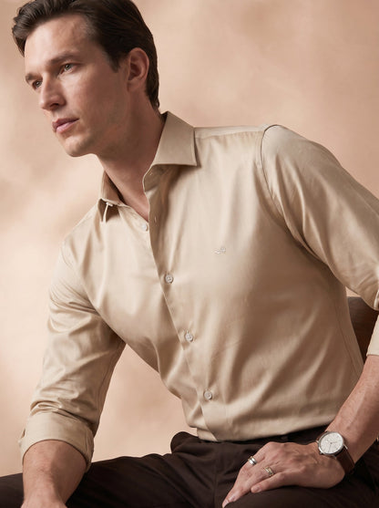 Regular Fit Satin Cream Casual Shirt for Men (SEWEN)
