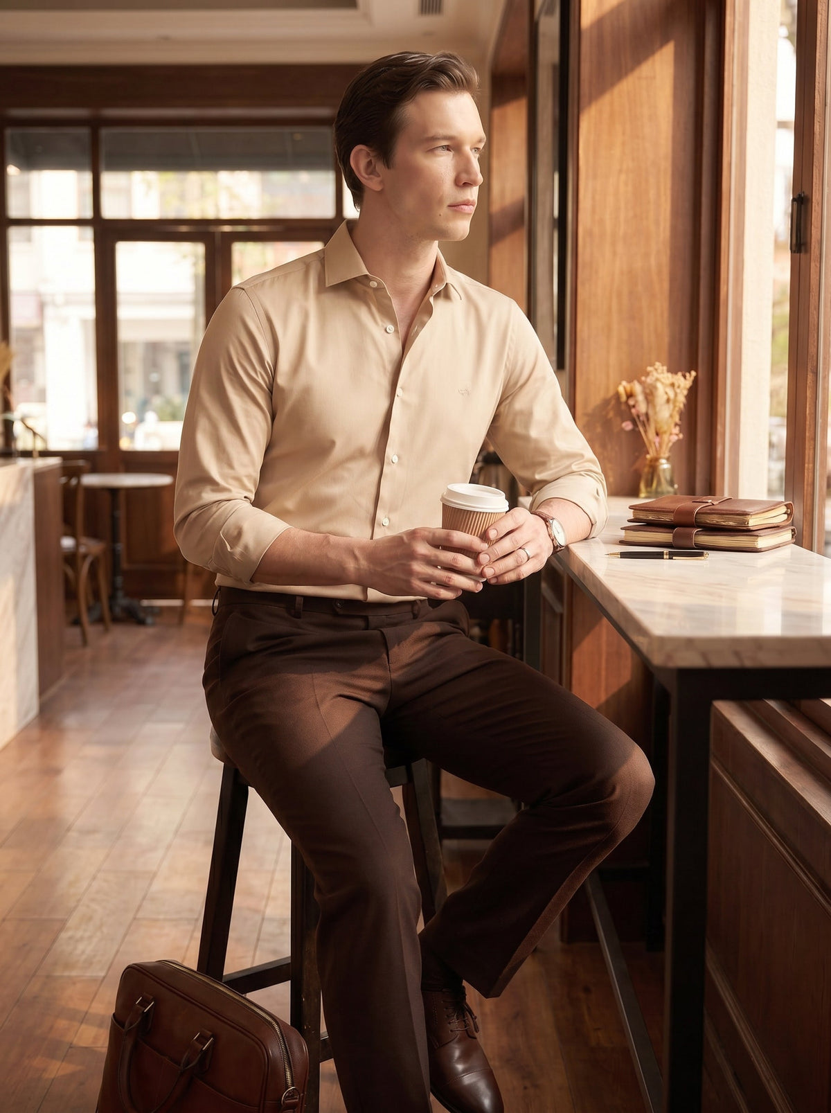 Regular Fit Satin Cream Casual Shirt for Men (SEWEN)