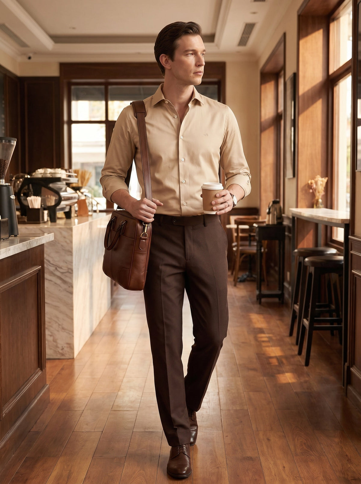 Regular Fit Satin Cream Casual Shirt for Men (SEWEN)