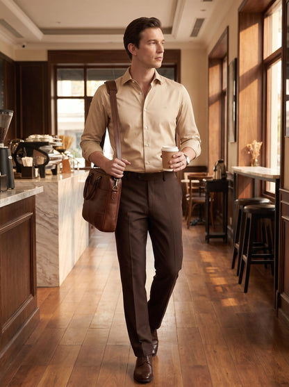 Regular Fit Satin Cream Casual Shirt for Men (SEWEN)