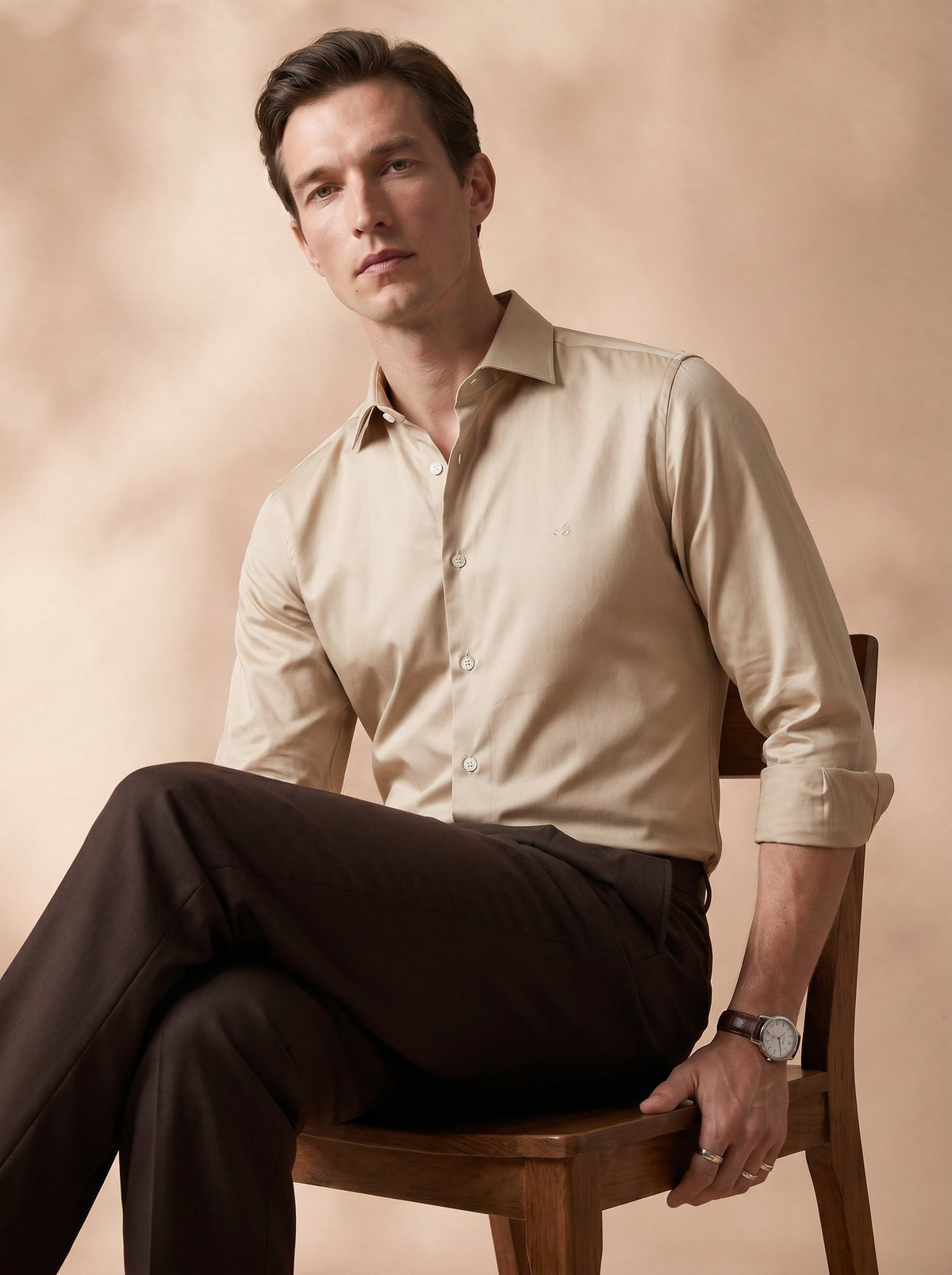 Regular Fit Satin Cream Casual Shirt for Men (SEWEN)