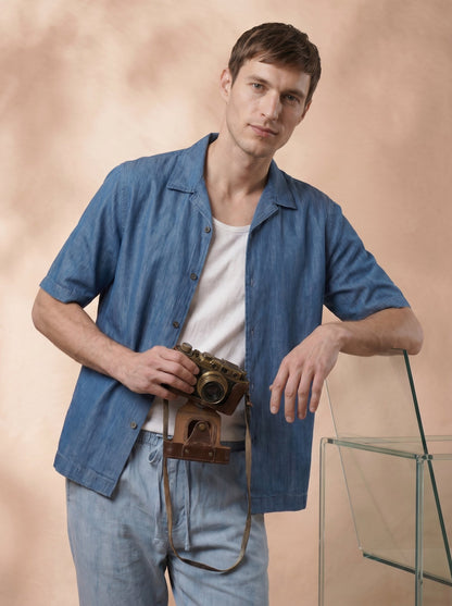 Regular Fit Cotton Blue Casual Shirt for Men (DRAWN)