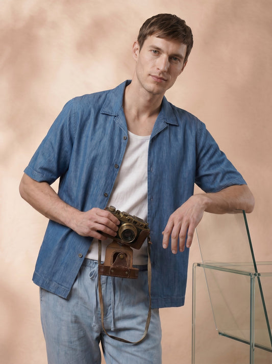 Regular Fit Cotton Blue Casual Shirt for Men (DRAWN)