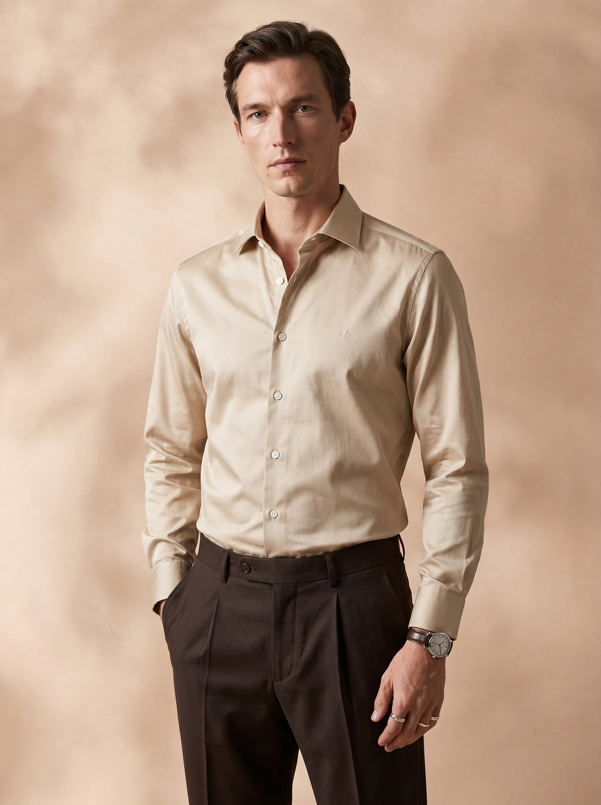 Regular Fit Satin Cream Casual Shirt for Men (SEWEN)