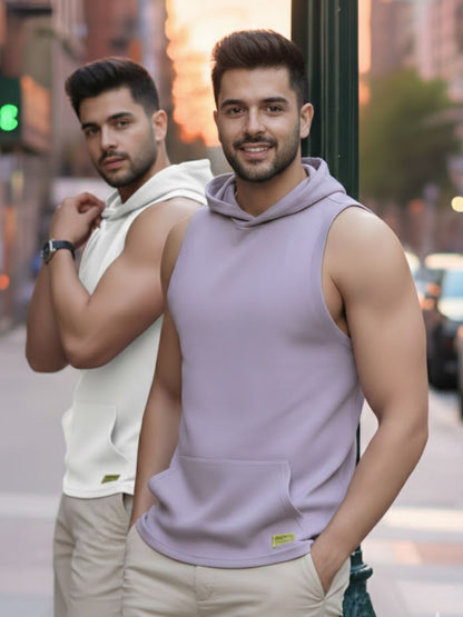 Plus Size Mens White and Light Purple Kangaroo Pocket Sleeveless Hooded Gym T-Shirt Vest-Pack of 2