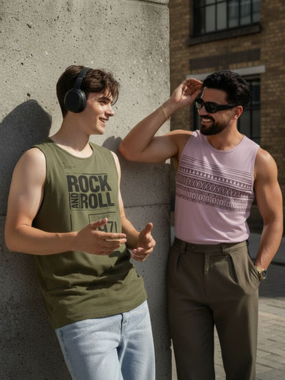 Men Pack Of 2 Plus Size Round Neck Sleeveless Purple and Green Print Cotton Gym Vest T-Shirt Combo