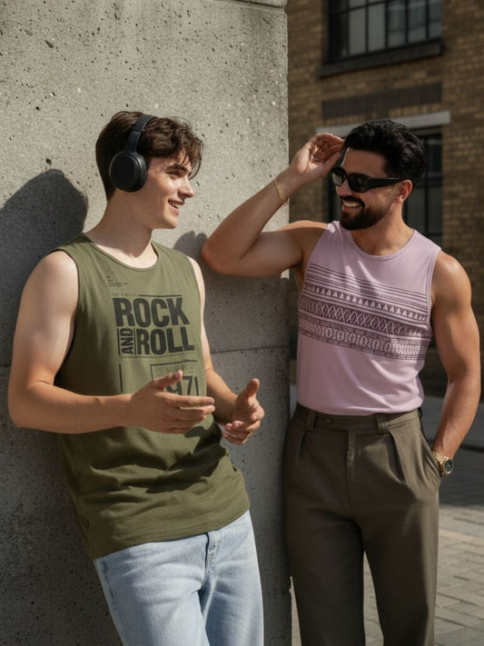 Men Pack Of 2 Plus Size Round Neck Sleeveless Purple and Green Print Cotton Gym Vest T-Shirt Combo