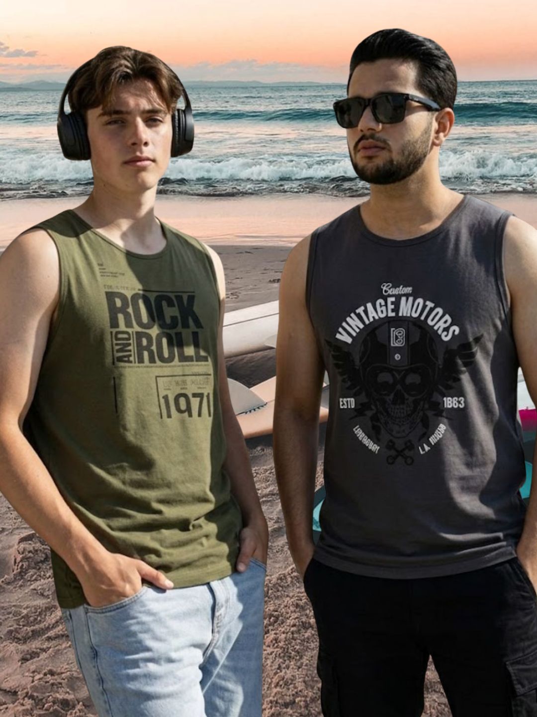Plus Size Printed Round Neck Cotton Dark Grey and Army Green Sleeveless Gym Vest T-Shirt-Pack of 2