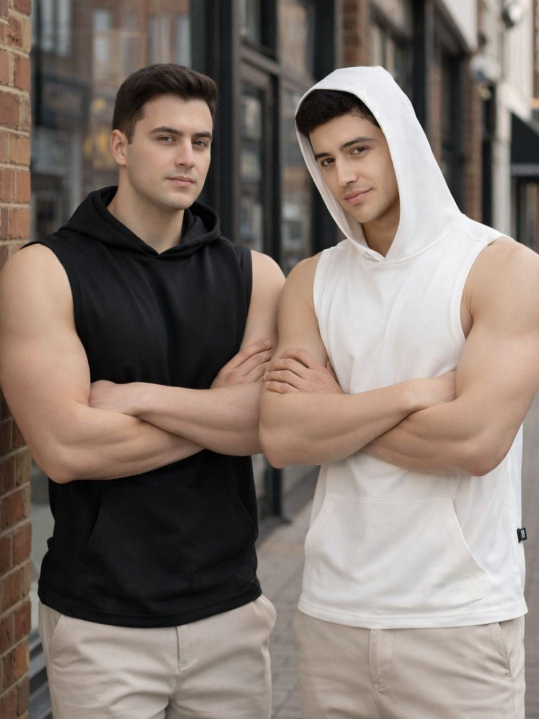 Plus Size Sleeveless White and Black Combo Kangaroo Pocket Hooded Cotton Men T-Shirt Vest-Pack of 2