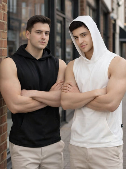 Plus Size Sleeveless White and Black Combo Kangaroo Pocket Hooded Cotton Men T-Shirt Vest-Pack of 2