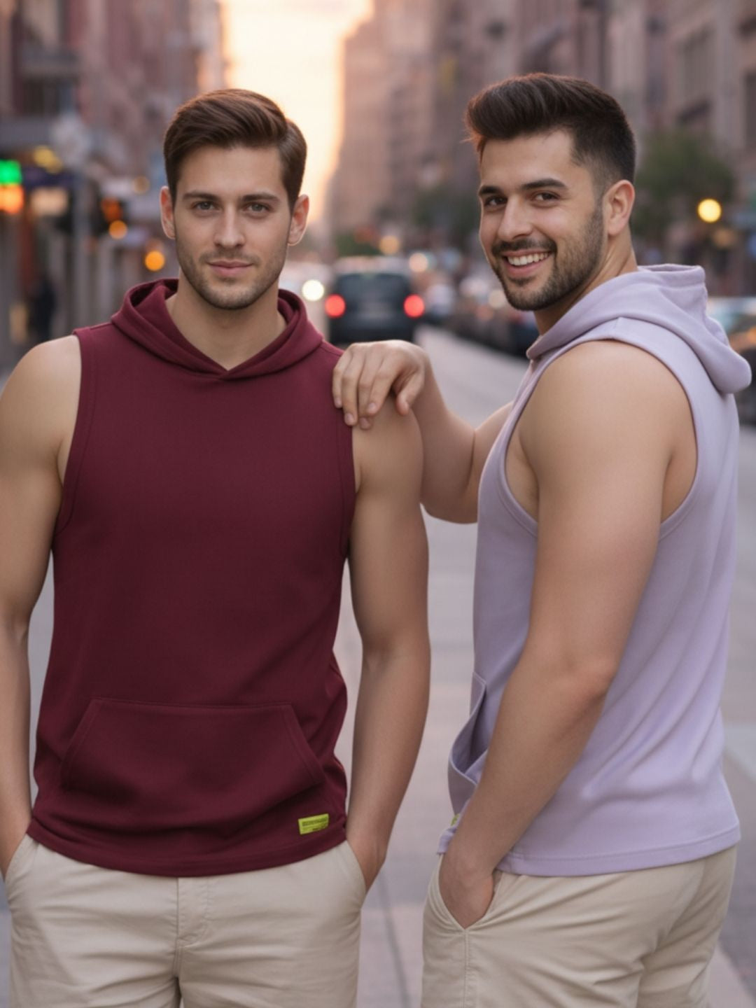 Plus Size Combo Solid Men Maroon and Purple Kangaroo Pocket Sleeveless Hooded T-Shirt Vest-Pack of 2
