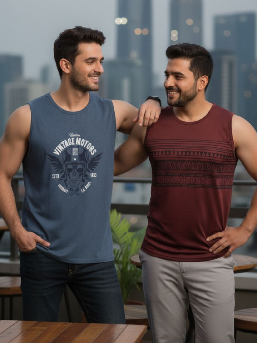 Plus Size Printed Cotton Sleeveless Maroon and Blue Melange Mens Combo Sando Vest T-Shirt-Pack of 2