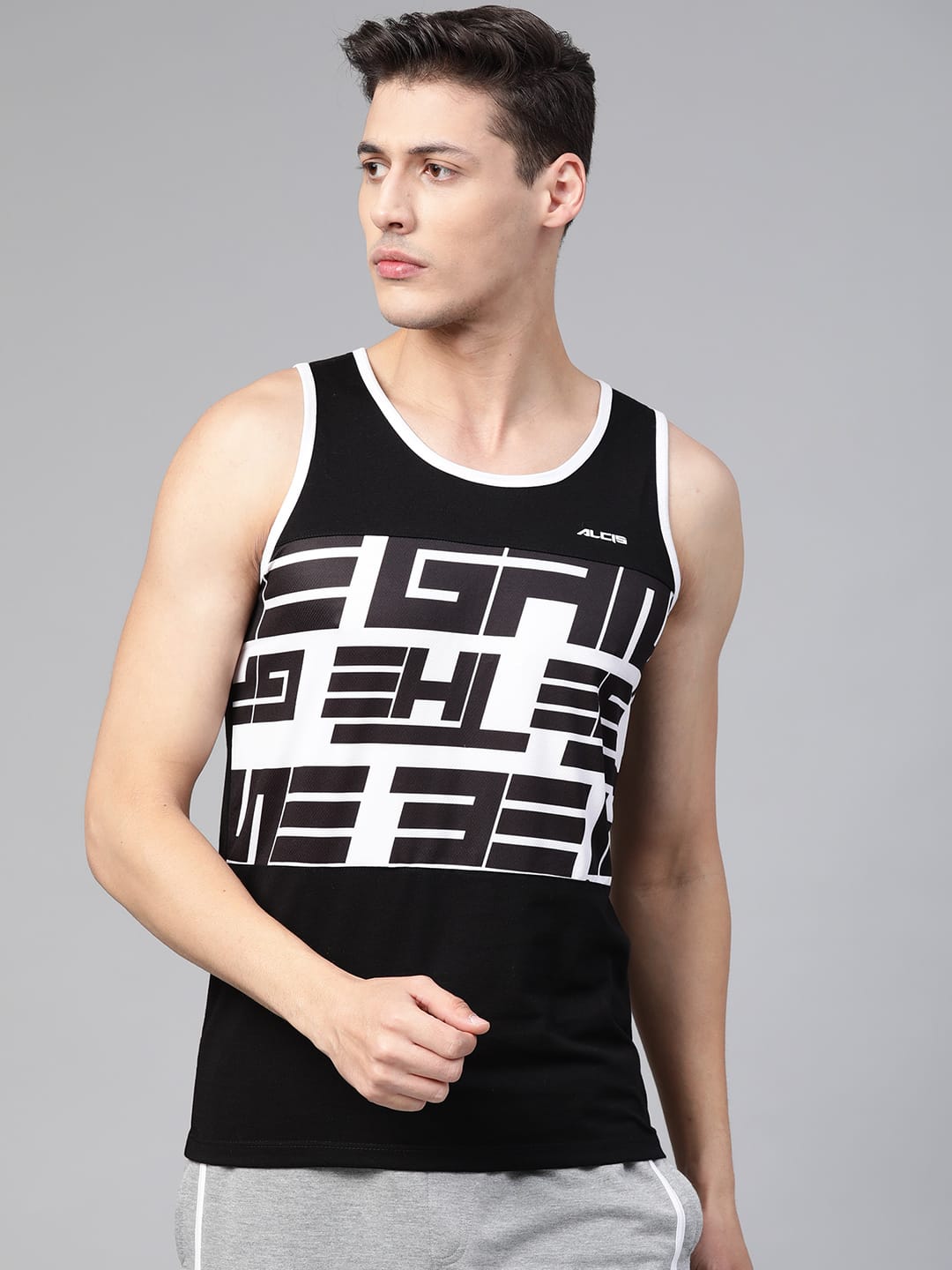 Alcis Men Black  White Printed Sleeveless Round Neck T-shirt