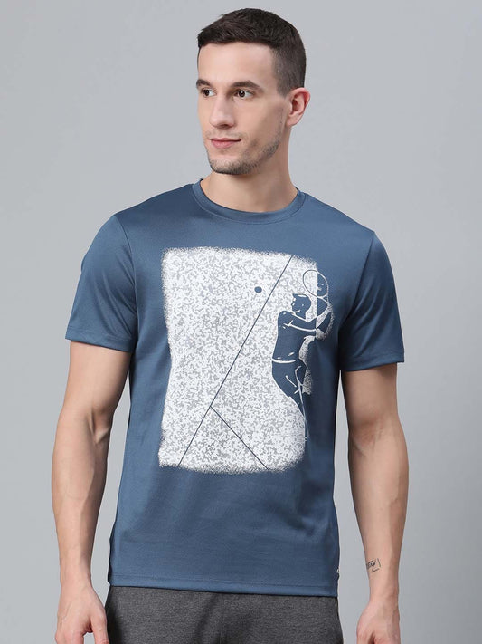 Alcis Men Blue  White Printed Round Neck  Badminton T-shirt