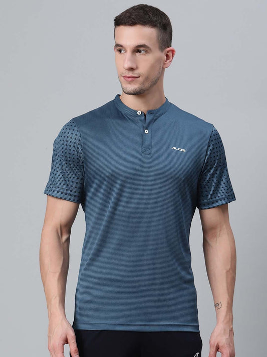 Alcis Men Blue Self -Checked Mandarin Collar Badminton T-shirt