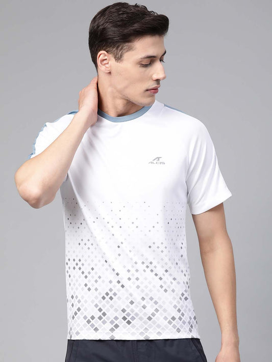 Alcis Men White  Grey Printed Round Neck Training T-shirt