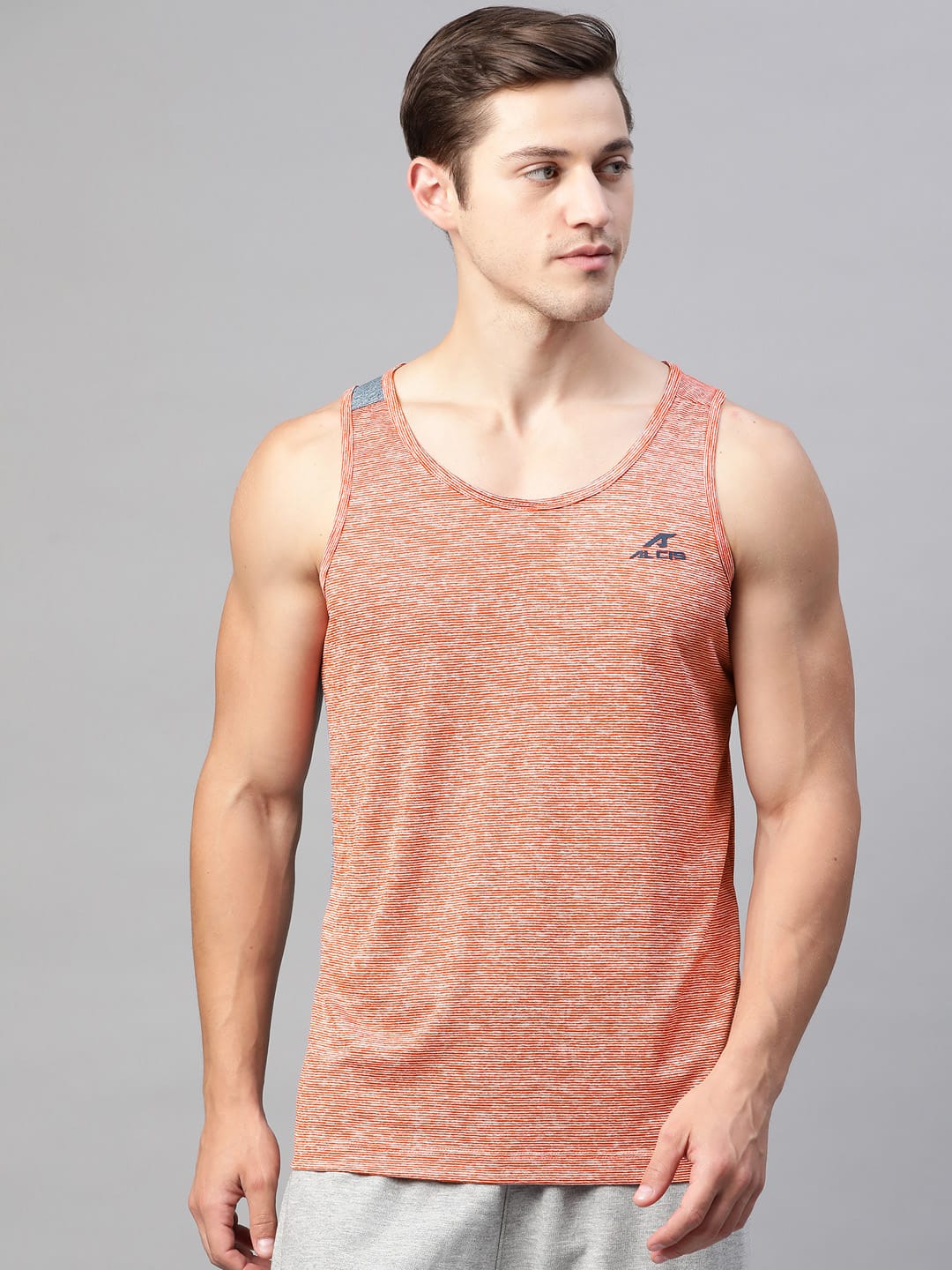 Alcis Men Red & White Self Striped Slim Fit Dry-Tech Round Neck Sports T-shirt