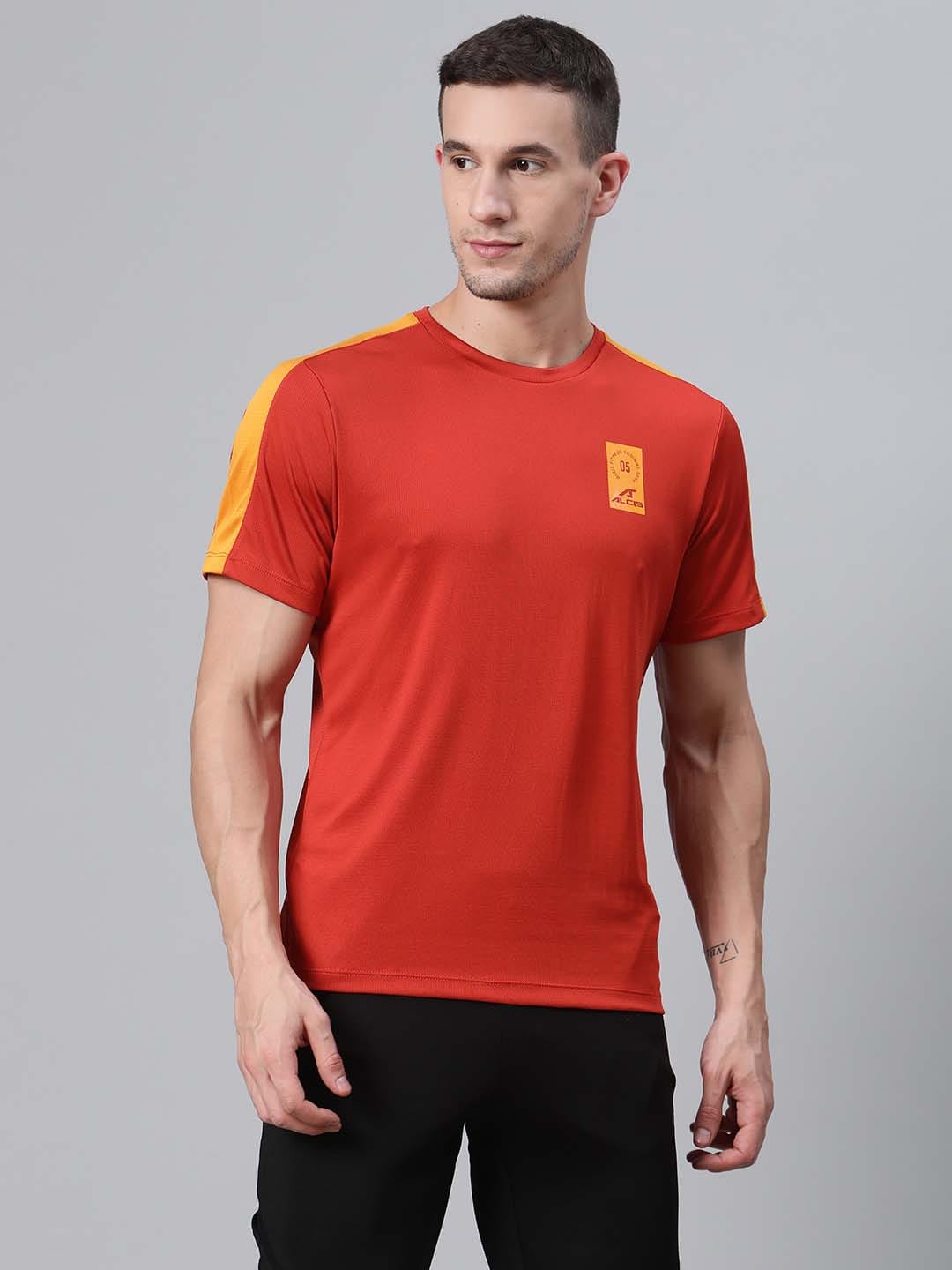 Alcis Men Rust Red Solid Round Neck Training T-shirt