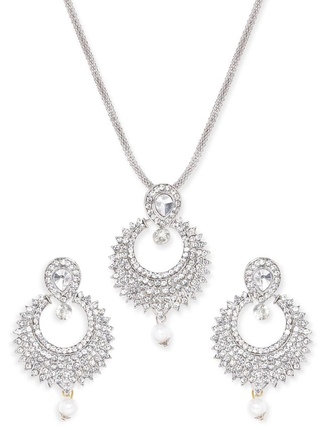Rhodium-Plated White AD Studded & Pearl Beaded Necklace & Earrings Set