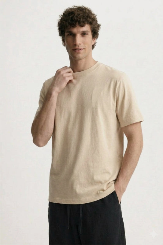 Men's beige classic fit Cotton T-Shirt
