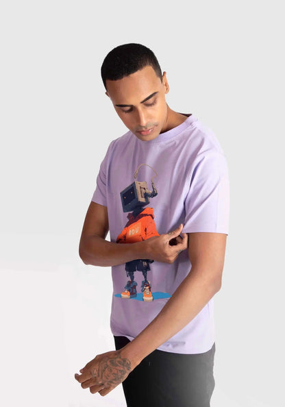 Stylera men's regular fit trendy t-shirt in light purple with a colorful robot graphic print
