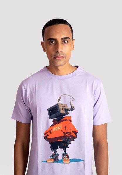 Stylera men's regular fit trendy t-shirt in light purple with robot graphic print