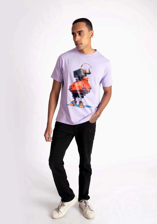 Stylera men's regular fit trendy t-shirt in light purple with robot graphic worn with black pants
