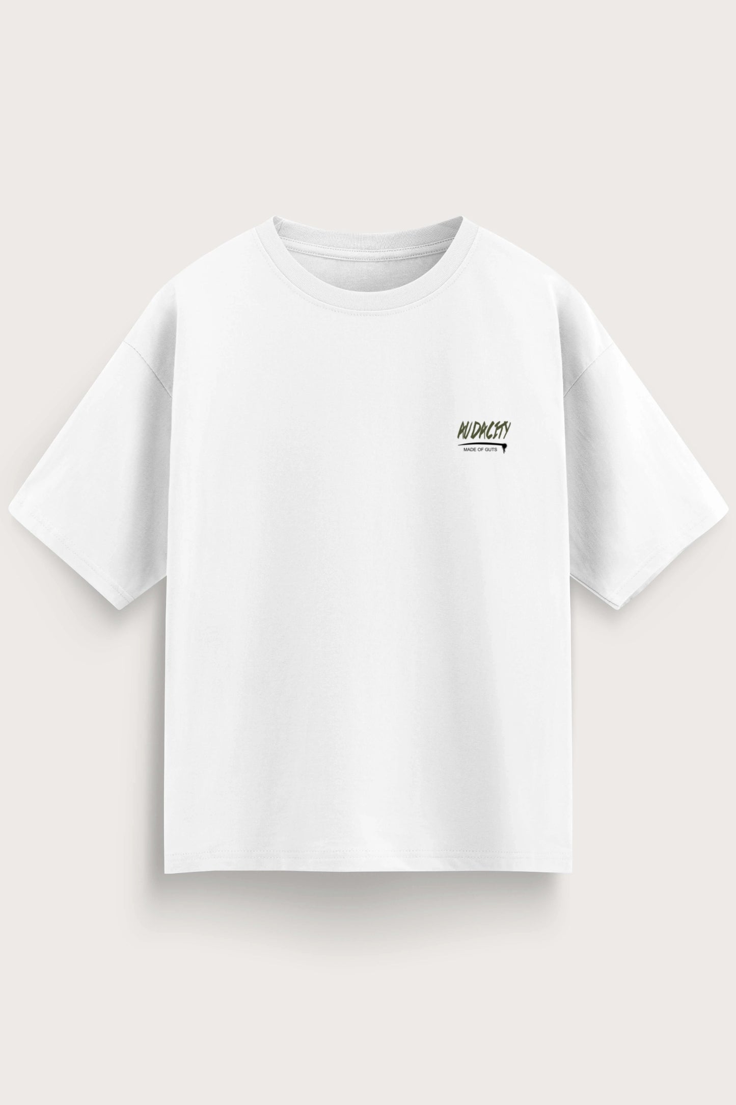 White t-shirt with a small logo on a light gray background