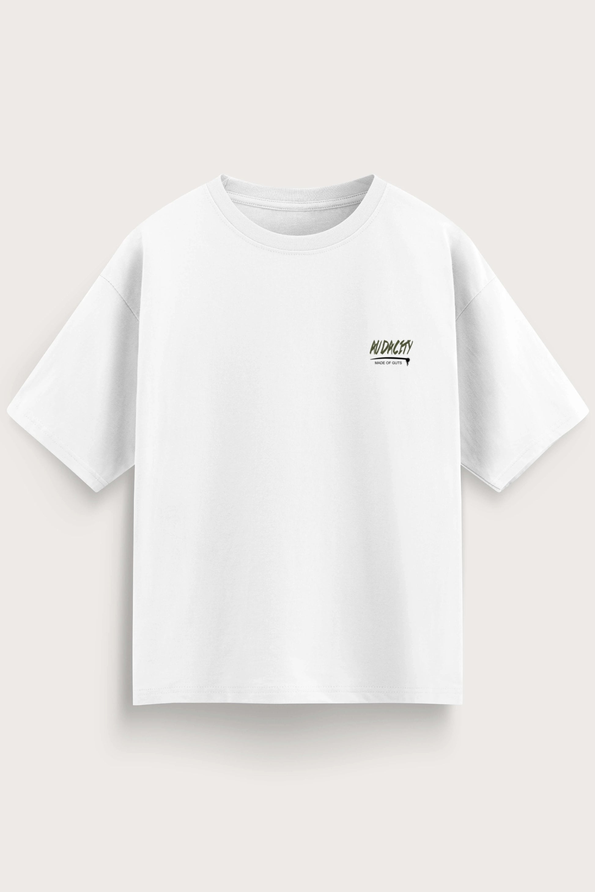 White t-shirt with a small logo on a light gray background